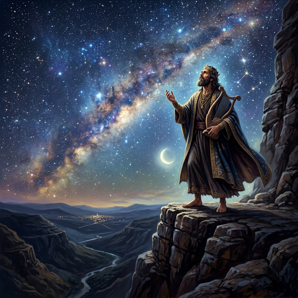 King David holding a harp on a cliff under a starry night sky with a crescent moon