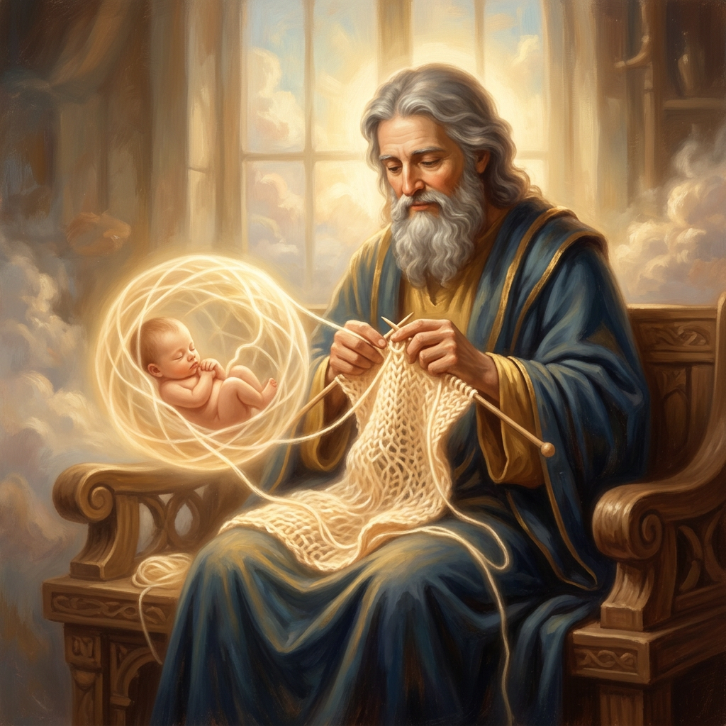 Elderly bearded man knitting with yarn glowing into a sleeping baby surrounded by clouds.