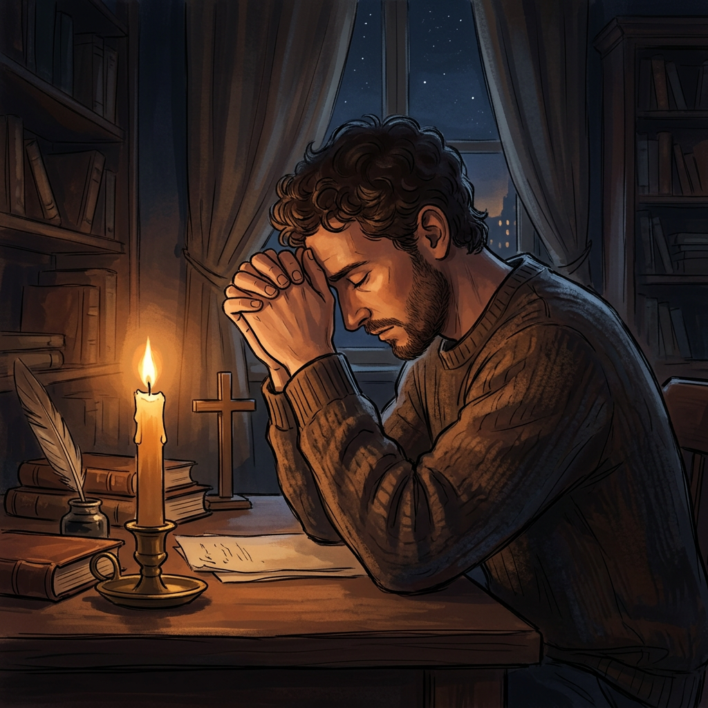 Man praying with clasped hands by candle on wooden table