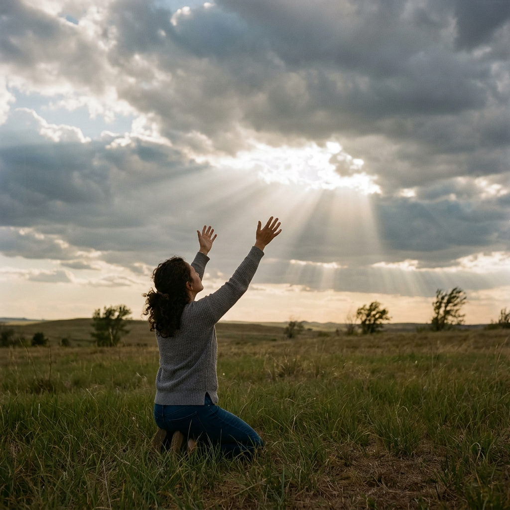 Person kneeling on grass raising hands toward sunlight breaking through cloudy sky