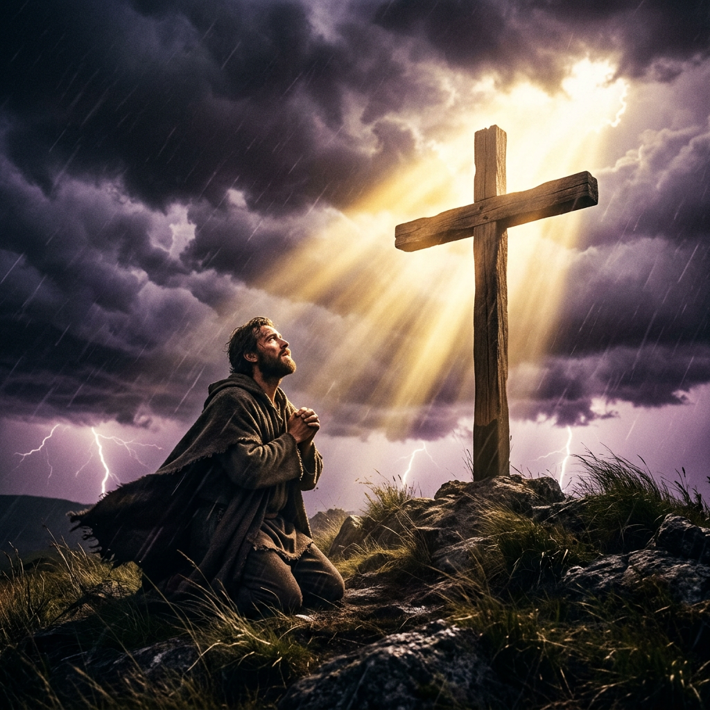Man kneeling and praying beside wooden cross with light rays breaking through dark stormy clouds and lightning in the background